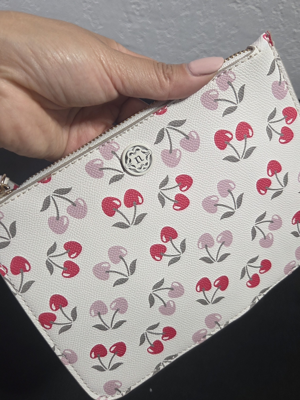 NICOLE LEE USA Cream Saffiano Faux Leather Cherry Print Cosmetic Pouch Clutch